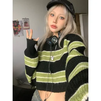 Y2k Harajuku Зеленый полосатый укороченный свитер Женский Kpop Вязаный винтажный джемпер Корейский стиль Трикотаж Уличная одежда Пуловер