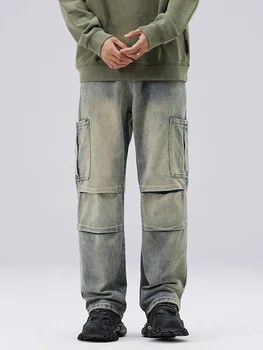 YIHANKE Зеленые джинсы-карго Потертые винтажные джинсовые брюки Мужские широкие брюки Мужская уличная одежда Ретро Оверсайз Повседневный хип-хоп