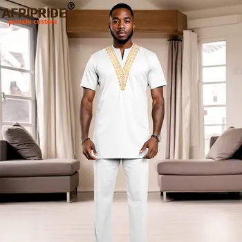 Африканская мужская одежда с коротким рукавом вышивка дашики и брюки набор спортивный костюм карман наряд большой размер официальная одежда A2416003