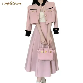 Высококачественный набор из двух частей с маленьким ароматом Женское короткое пальто-куртка + длинная юбка Костюмы Корейская элегантная мода OL 2 предмета