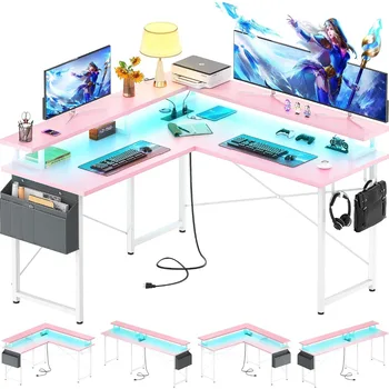 Игровой стол L-образной формы со светодиодной подсветкой Угловой стол с полками для хранения Домашний офис Небольшие пространства Бесплатная доставка Компьютерная мебель