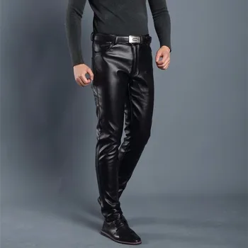 Кожаные брюки Мужские леггинсы Черные однотонные джинсы из искусственной кожи Мужские повседневные брюки Корейская мода Slim Fit Узкие брюки Мотоцикл