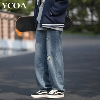 Мужские брюки Джинсы Брюки оверсайз Повседневная Прямая дырка Свободная корейская мода Harajuku Denim Kpop Y2k Уличная одежда Винтажная одежда