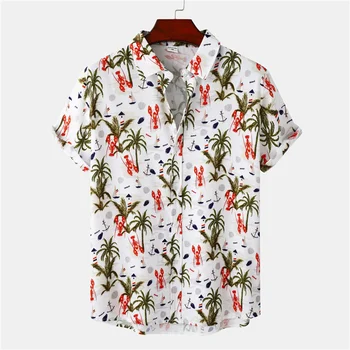  Мужские рубашки с коротким рукавом Оригинальность Лобстер Шаблон Рубашки с принтом Повседневная летняя гавайская рубашка на пуговицах Праздничные топы Camisa