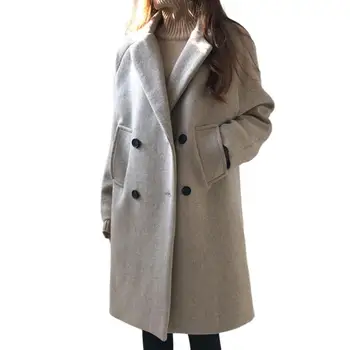 Осенне-зимнее пальто Женщины Толстый двубортный шерстяной тренч Куртка на пуговицах Длинный рукав Лацкан средней длины Свободный пиджак