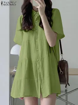 Элегантное одногрудное платье ZANZEA Корейская мода Текстура Ткань Мини Сарафан с коротким рукавом Повседневный свободный 2023 Летний халат с лацканами
